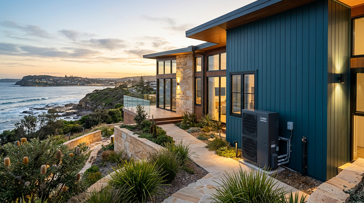 Modern Central Coast NSW holiday rental home at dusk with an outdoor heat pump hot water unit installed against a navy timber-clad wall, coastline visible in the distance