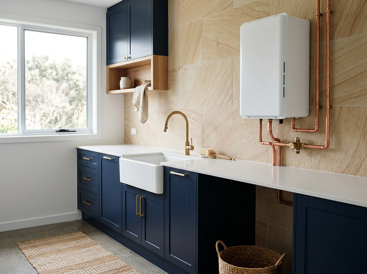 Compact coastal Australian laundry featuring a wall-mounted continuous flow hot water heater with brass tempering valve and copper pipework, no visible branding