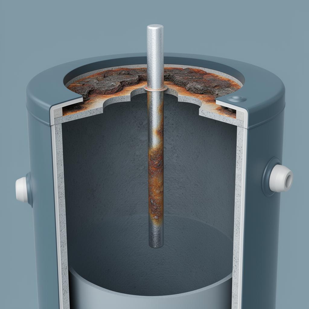 Cross-section cutaway diagram of hot water storage tank showing sacrificial anode rod mounted inside cylinder providing corrosion protection