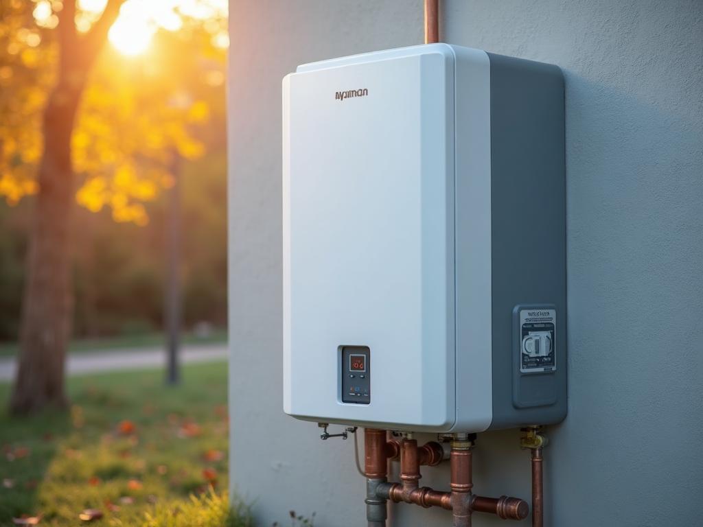 Modern hot water system professionally installed on exterior wall of Australian home showing copper pipe connections and autumn setting