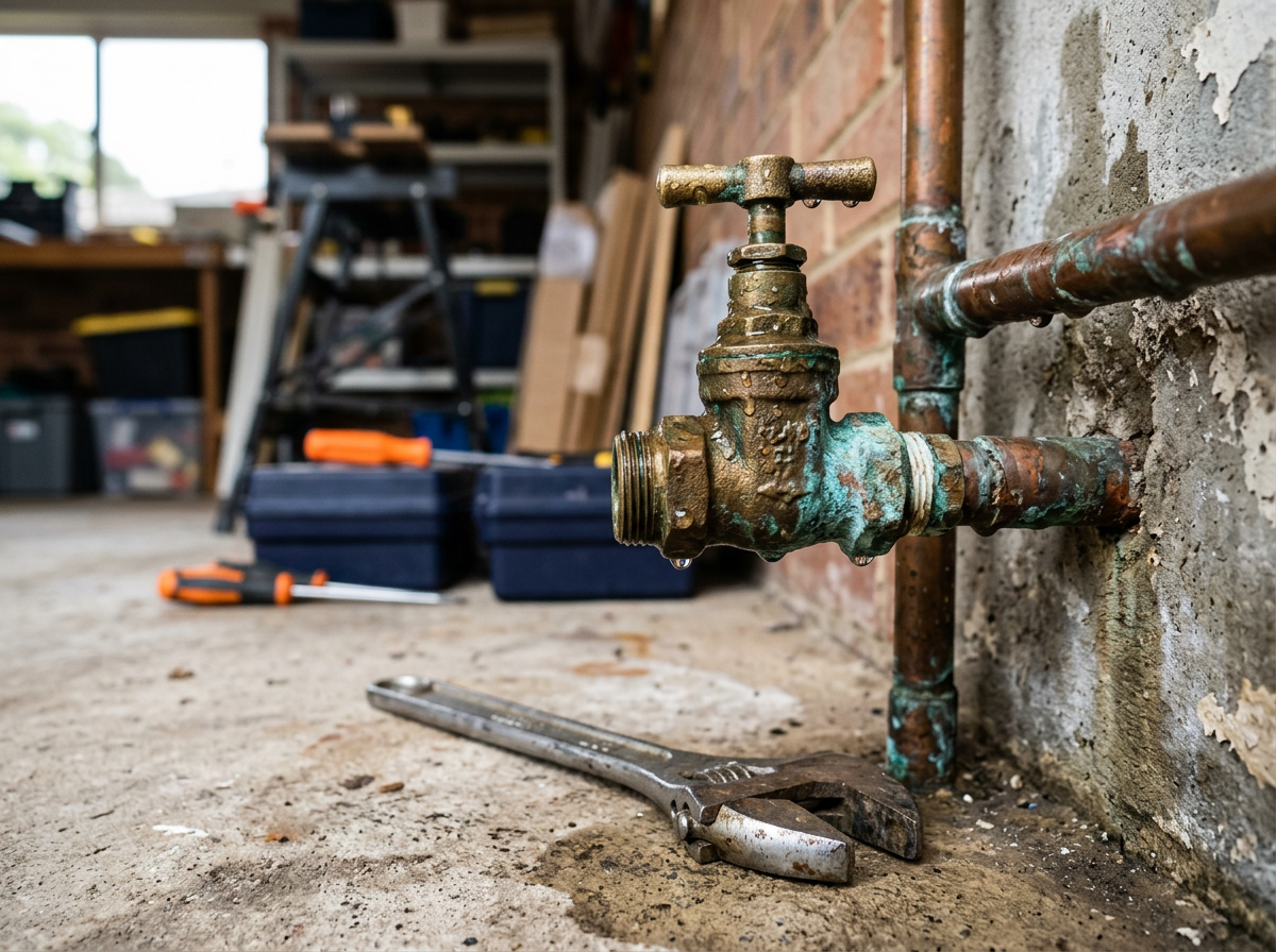 Corroded brass isolation valve and copper pipework on a Sydney hot water cylinder showing green patina from a slow leak with a wrench resting on the concrete floor
