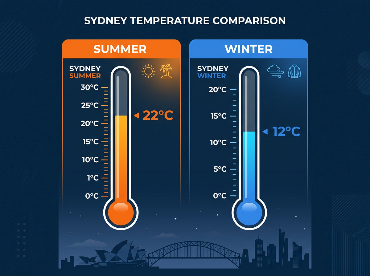 Sydney summer versus winter cold inlet water temperature comparison showing 22 degrees in February dropping to 12 degrees in July