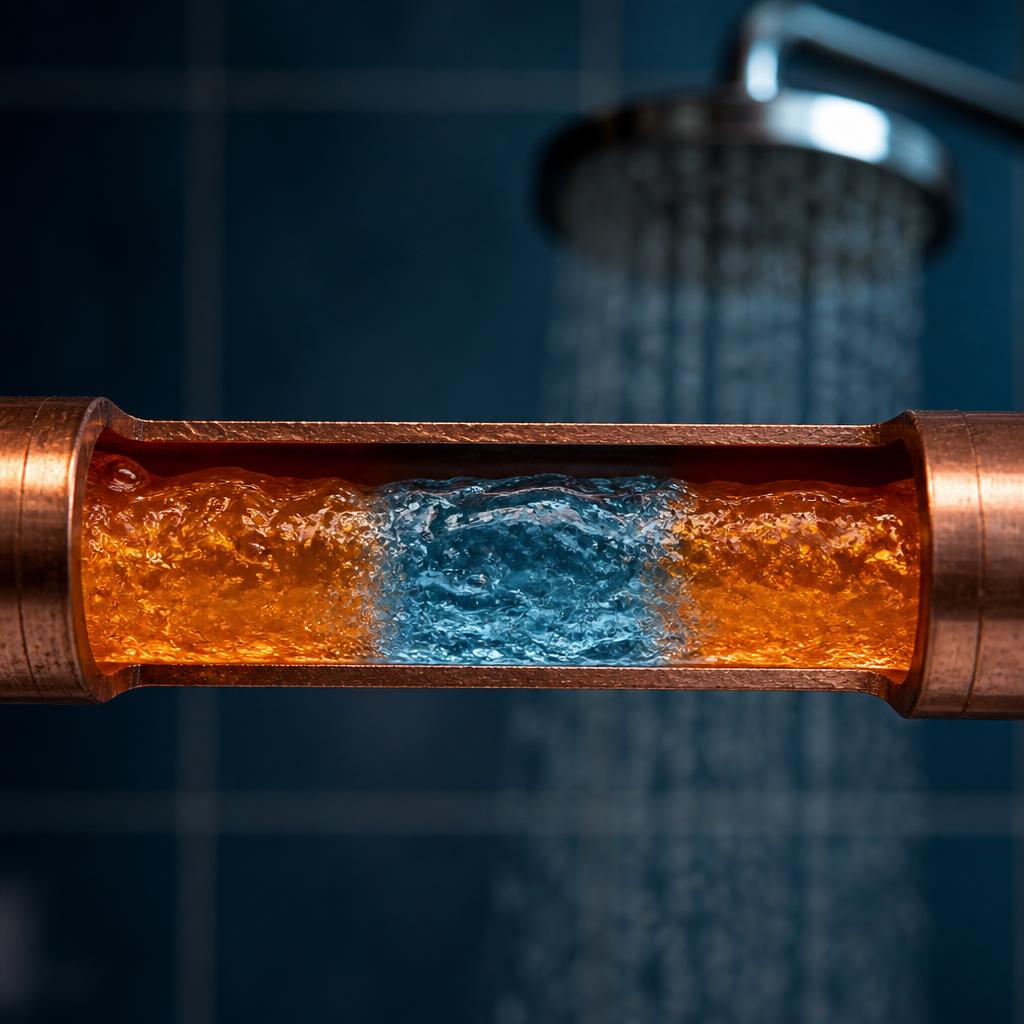Cutaway view of a copper hot water pipe showing a cold water pocket sandwiched between two hot water sections mid-shower