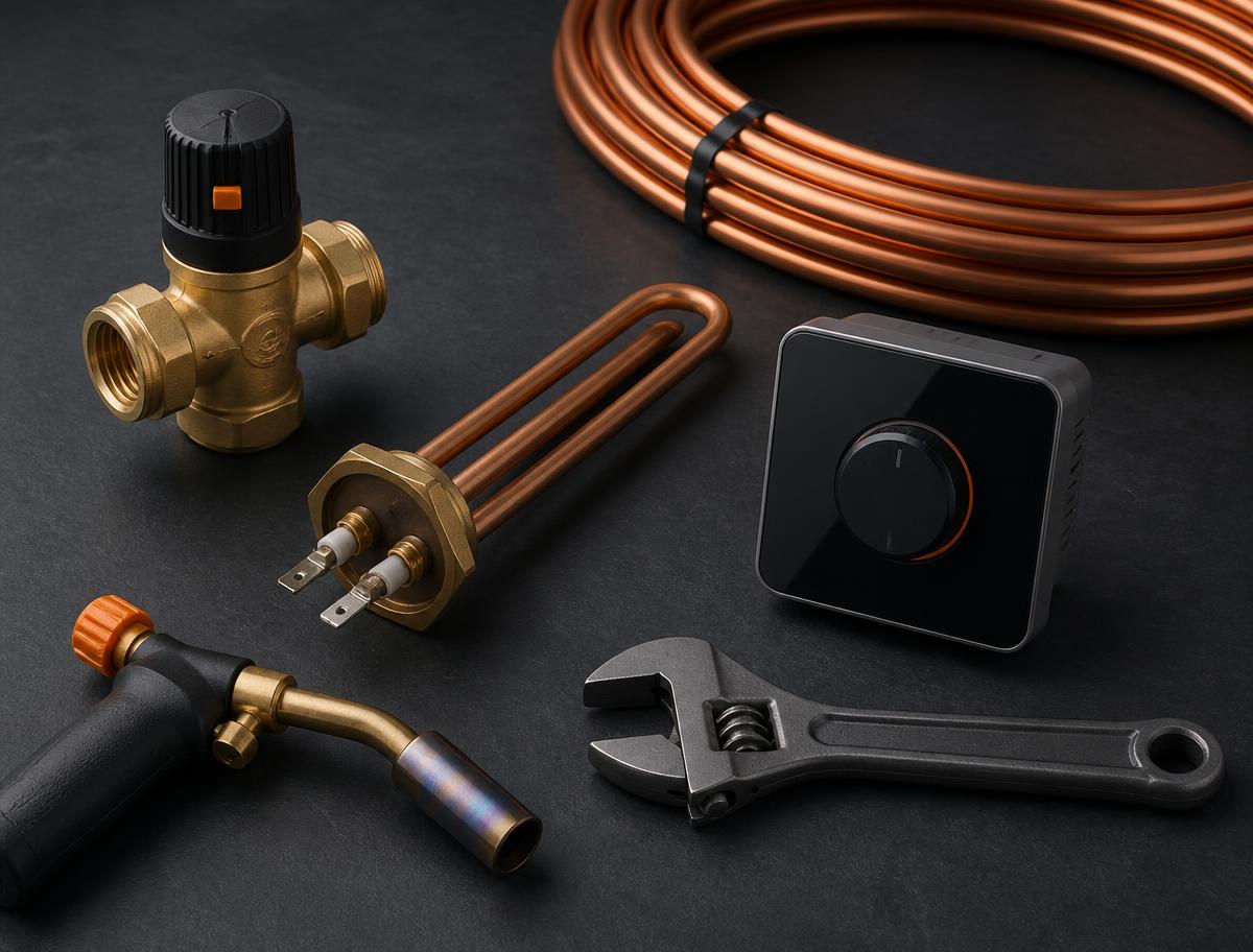 Hot water repair parts carried for emergency call-outs in Sydney including tempering valve, element and thermostat