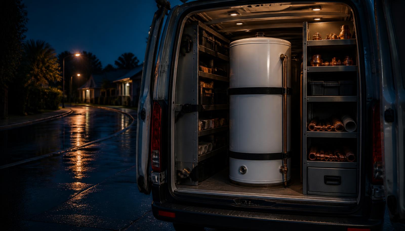 Emergency hot water call-out van in Sydney at night with a replacement storage cylinder loaded inside