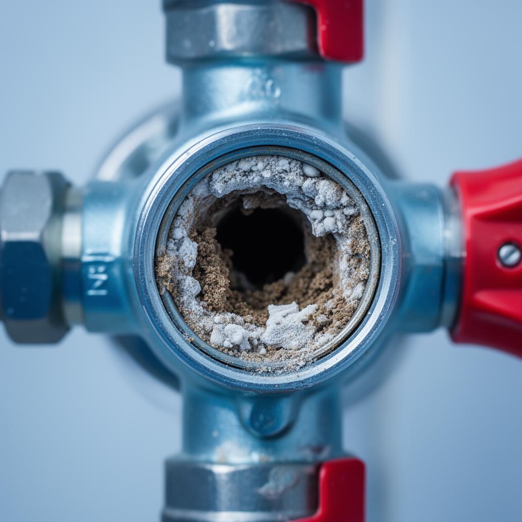 Close-up of hot water tank drain valve showing mineral sediment and calcium scale build-up
