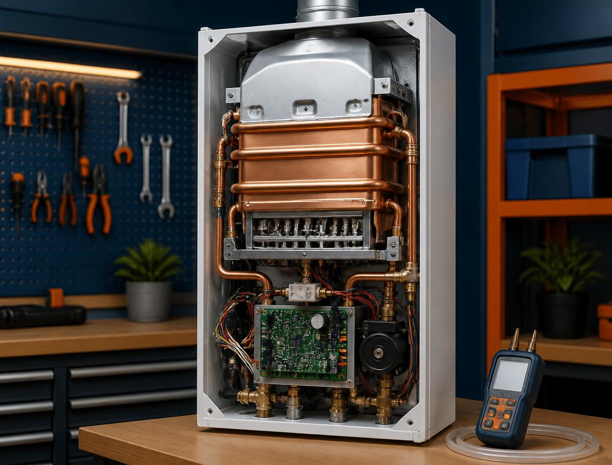 Inside a gas continuous flow hot water unit showing burner, copper heat exchanger and control board used to diagnose error codes