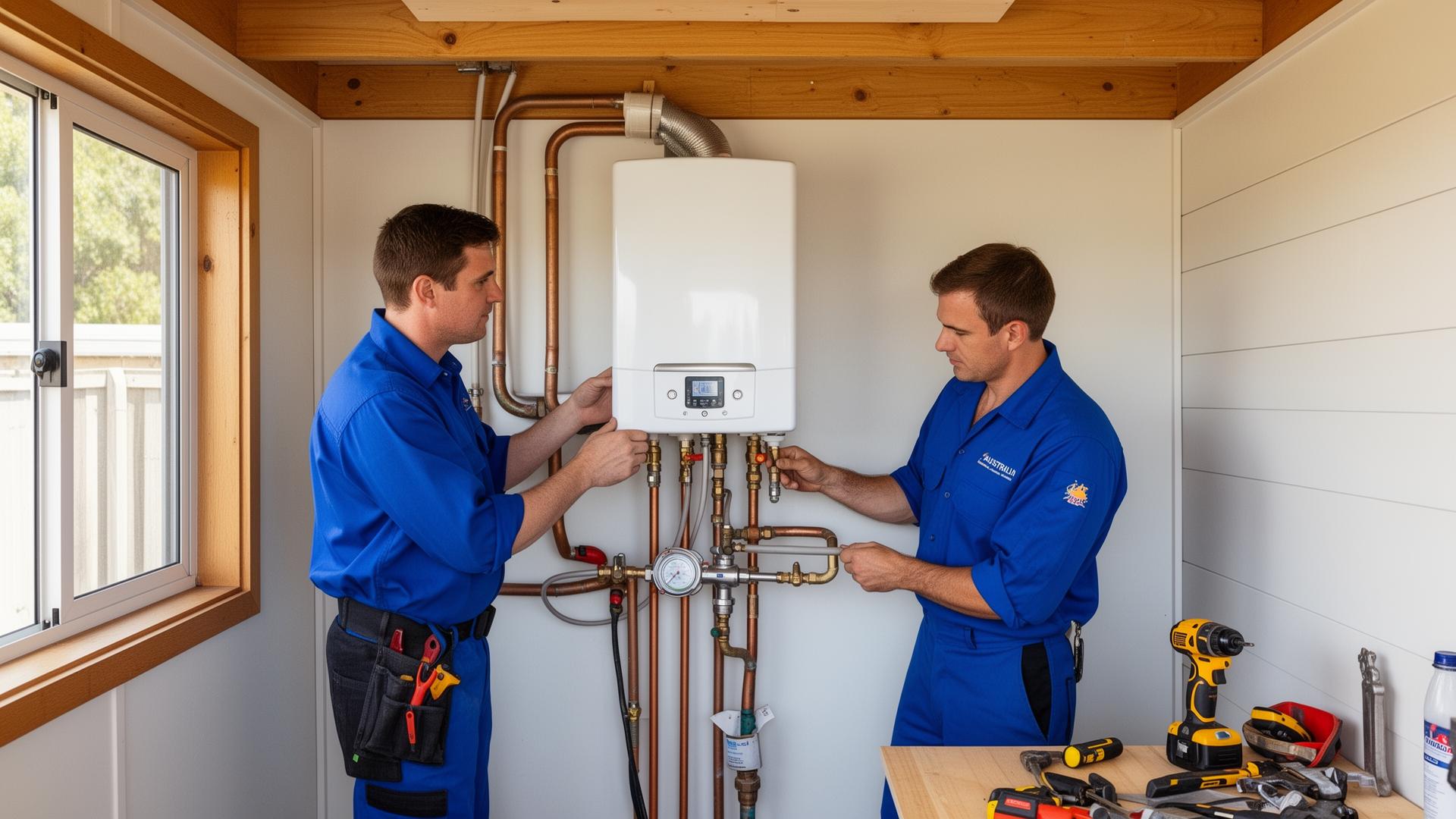 Licensed plumber installing a compact hot water system inside a granny flat utility area with plumbing connections and tempering valve