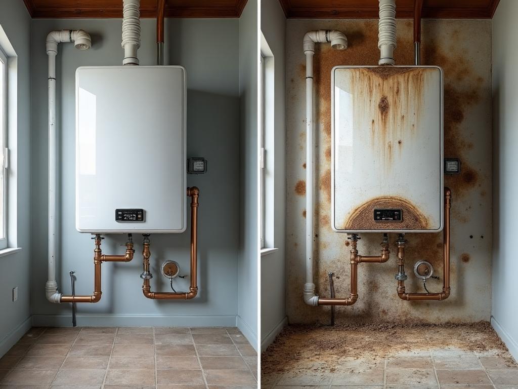 Comparison of clean hot water system versus hard water damage showing scale buildup and mineral deposits in pipes and tanks