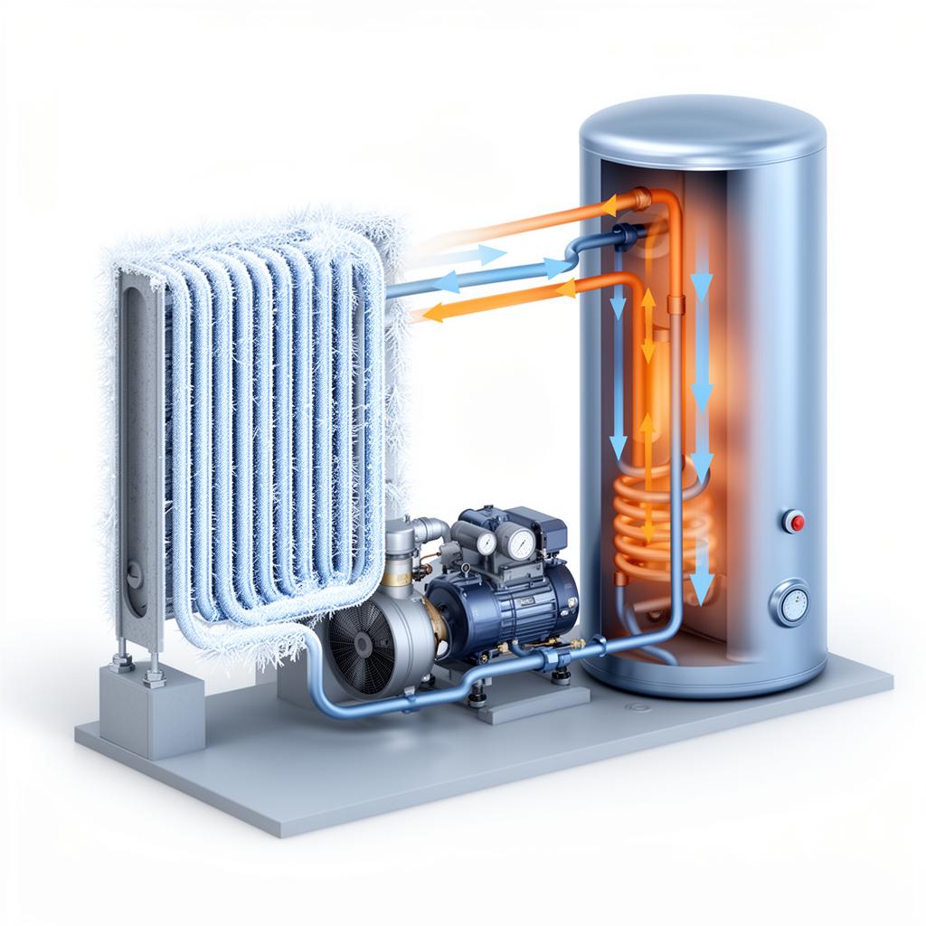 Diagram of a heat pump hot water defrost cycle showing refrigerant flow reversing from the storage tank to the frosted evaporator coil
