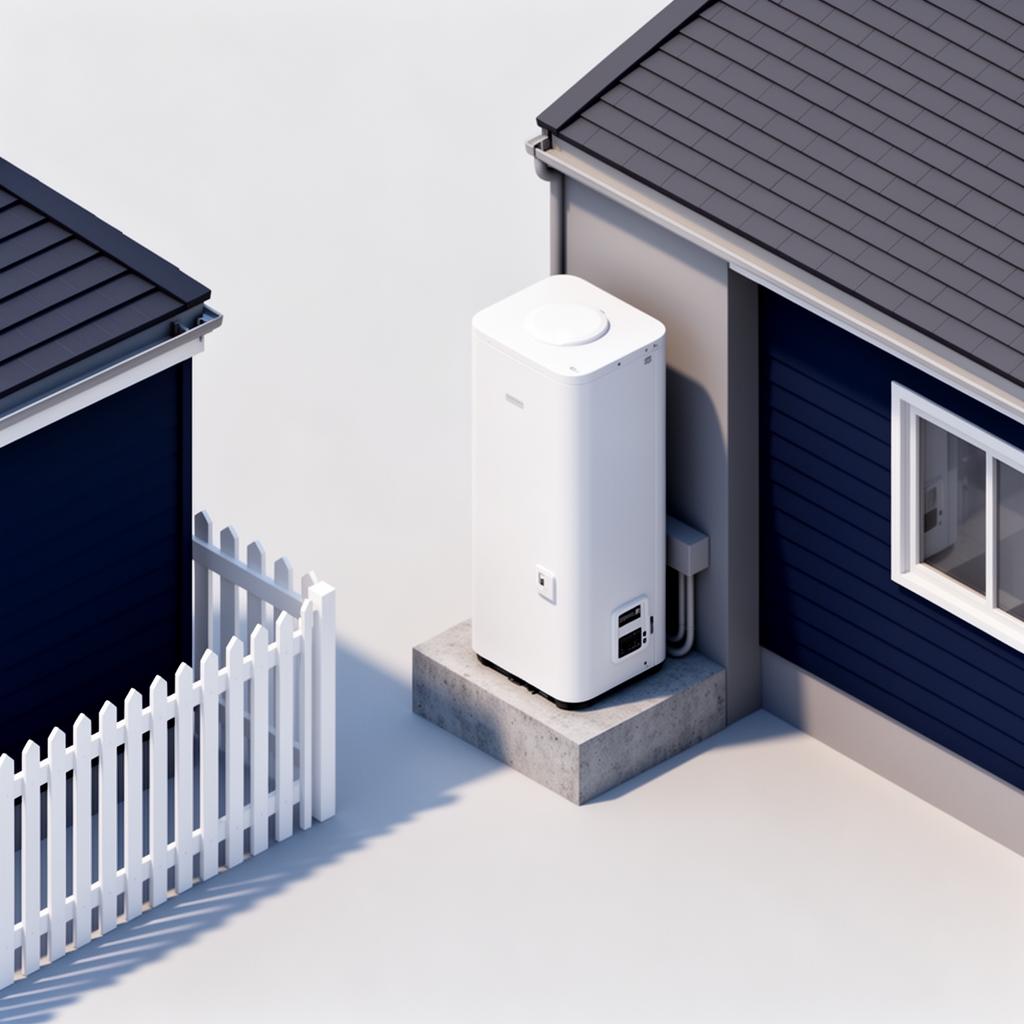 Diagram of a heat pump hot water unit installed on a concrete pad in a Sydney side passage between two suburban houses with a boundary fence