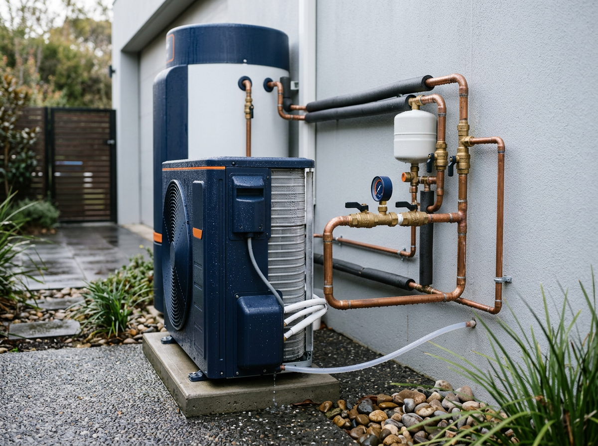 Split-system heat pump hot water cylinder with copper pipework and brass valves installed beside a Sydney garage on a cool winter morning