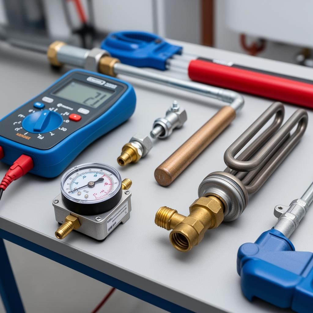 Hot water system diagnostic tools and replacement parts including pressure gauge, anode rod, heating element, and thermostat