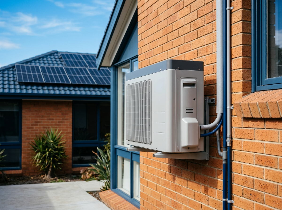 Heat pump hot water system installed on a Sydney brick home with rooftop solar panels, suited to solar soak and CL2 tariffs