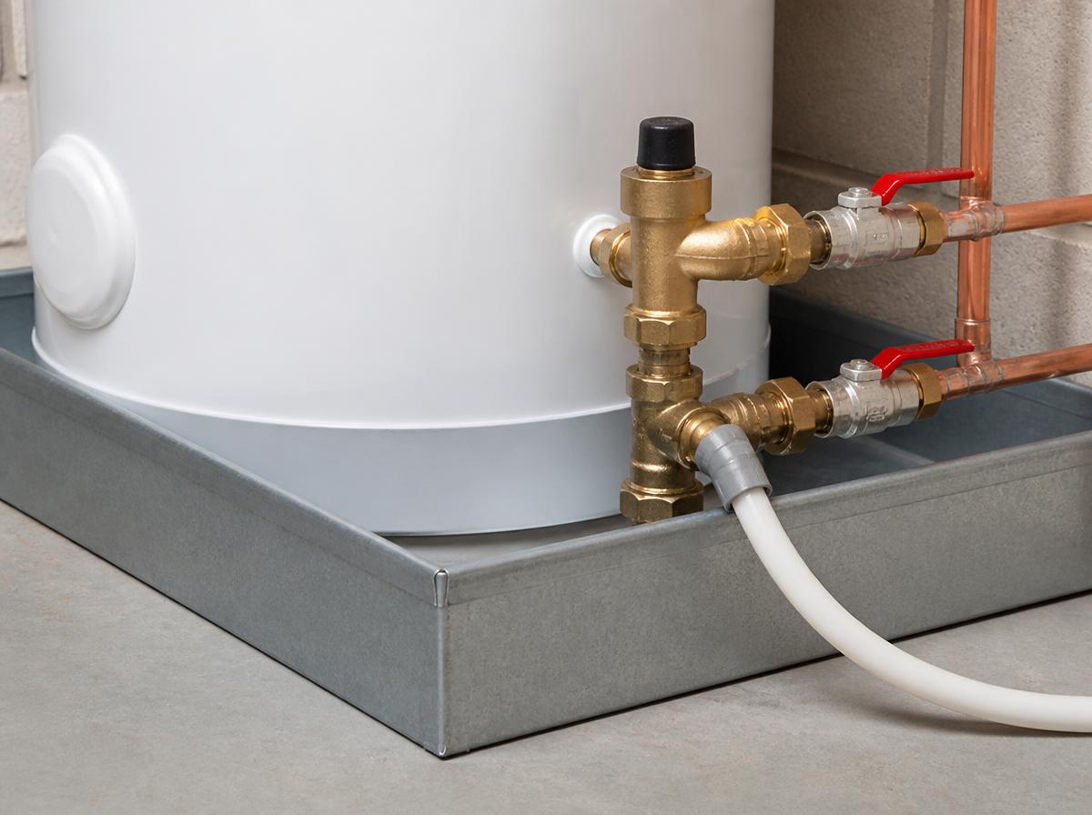 Compliant NSW hot water installation with safe tray, tempering valve and relief valve drain line to a visible discharge point