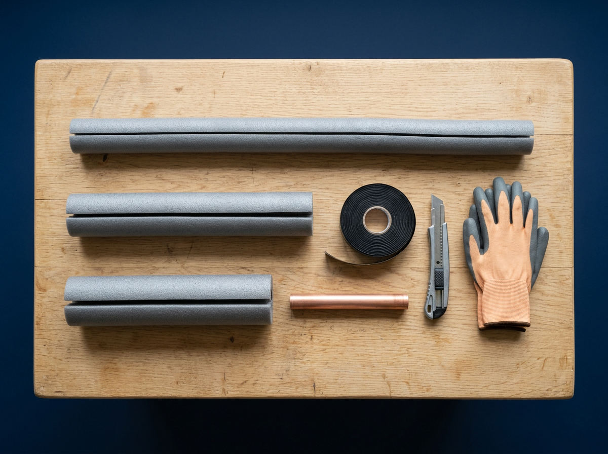 Hot water pipe insulation materials Sydney including closed cell foam lagging UV tape utility knife and copper pipe