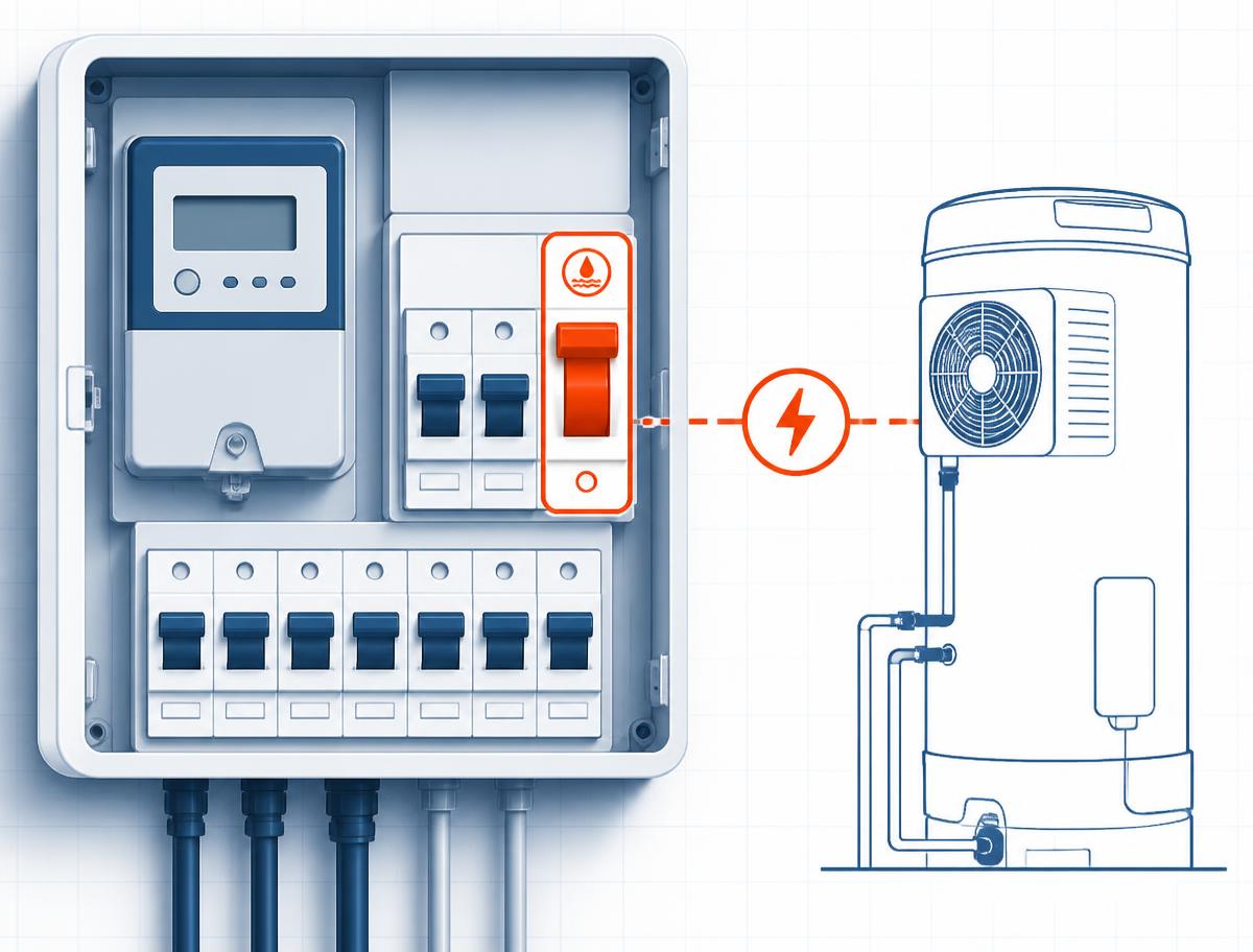 Switchboard diagram showing the controlled load hot water circuit breaker used to restart a hot water system after a power outage