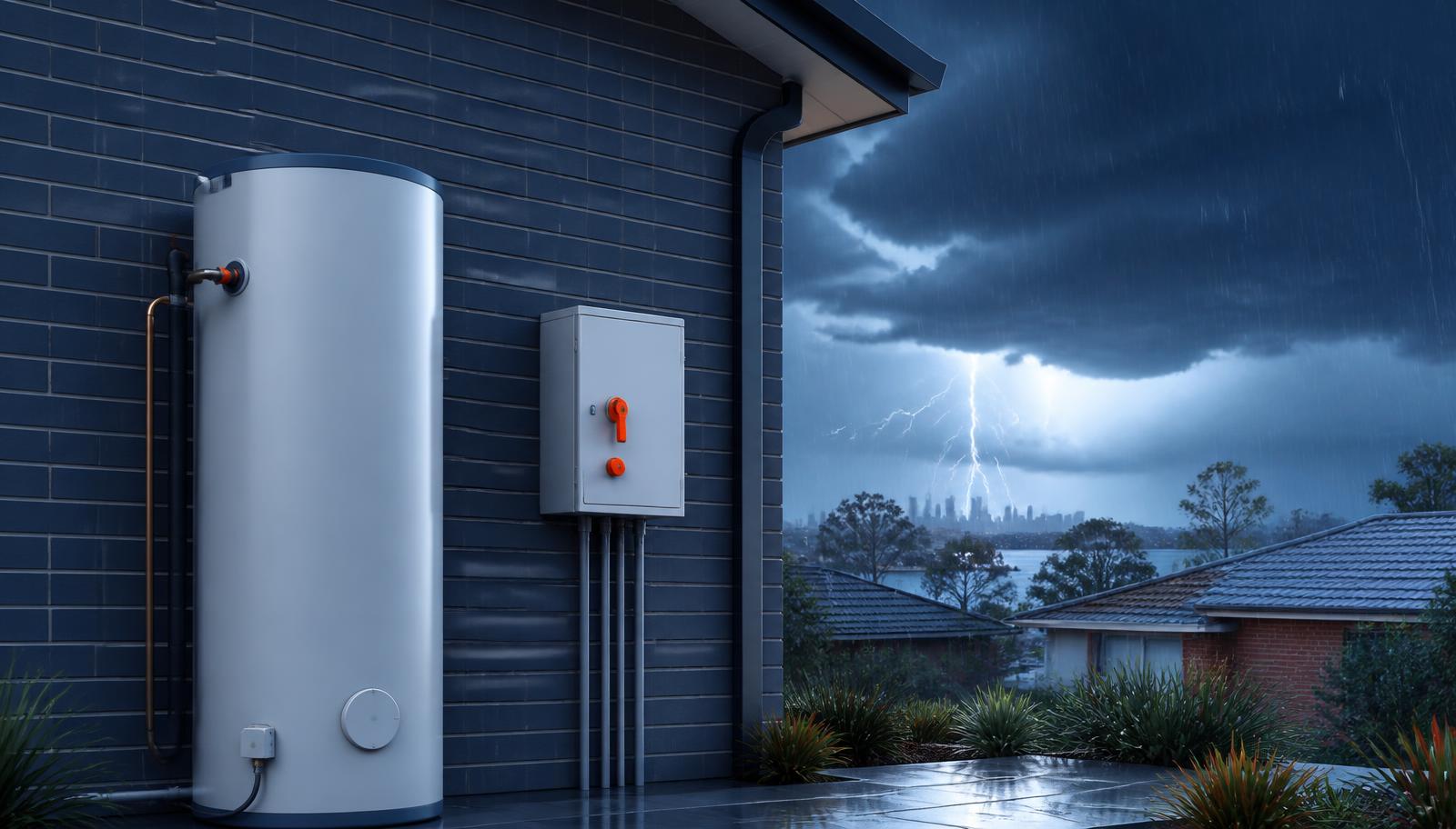 Hot water storage tank and switchboard on a Sydney home during a storm season power outage