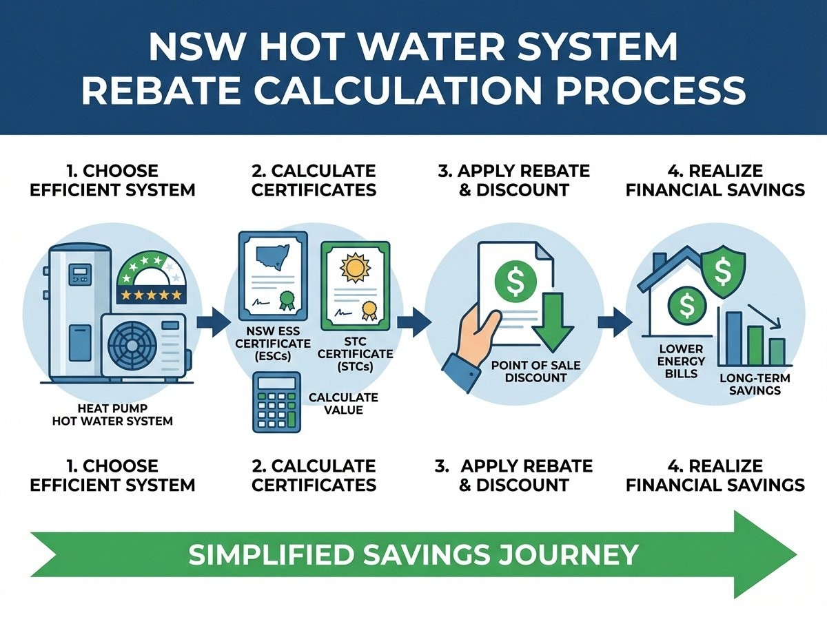 Hot water system rebate calculation infographic showing NSW ESS and STC incentive breakdown with savings visualization