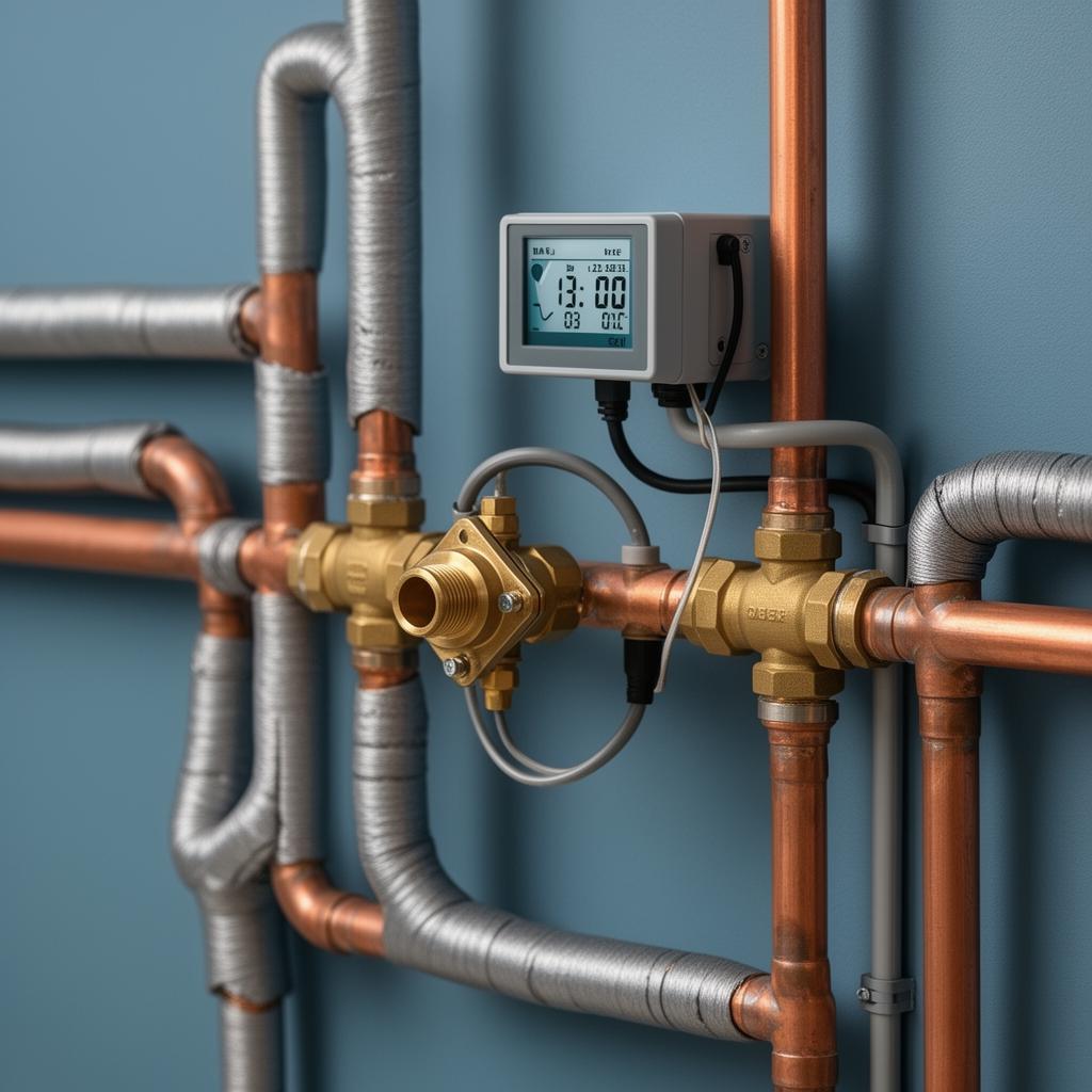 Close-up of hot water recirculation system piping with check valve temperature sensor and insulated copper return line