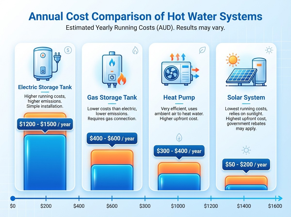 Annual cost comparison of hot water systems showing Electric Storage $1200-$1500/year, Gas Storage $400-$600/year, Heat Pump $300-$400/year, and Solar $50-$200/year