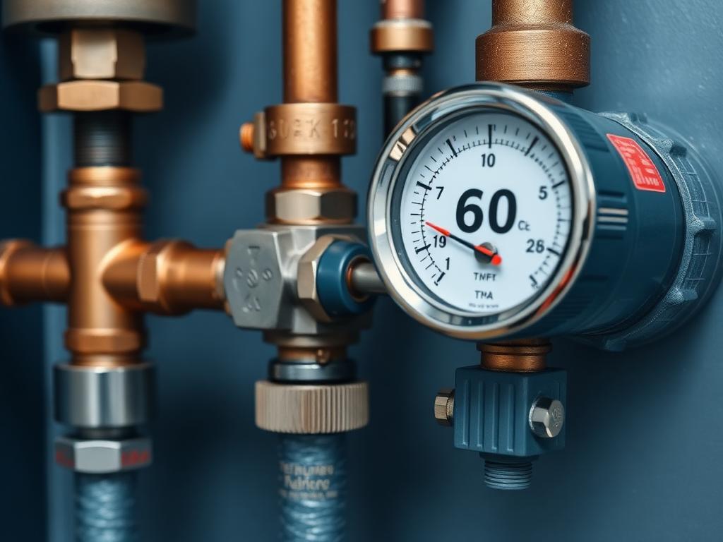 Hot water system temperature gauge showing 60 degrees Celsius with copper pipes and safety valves for Legionella prevention