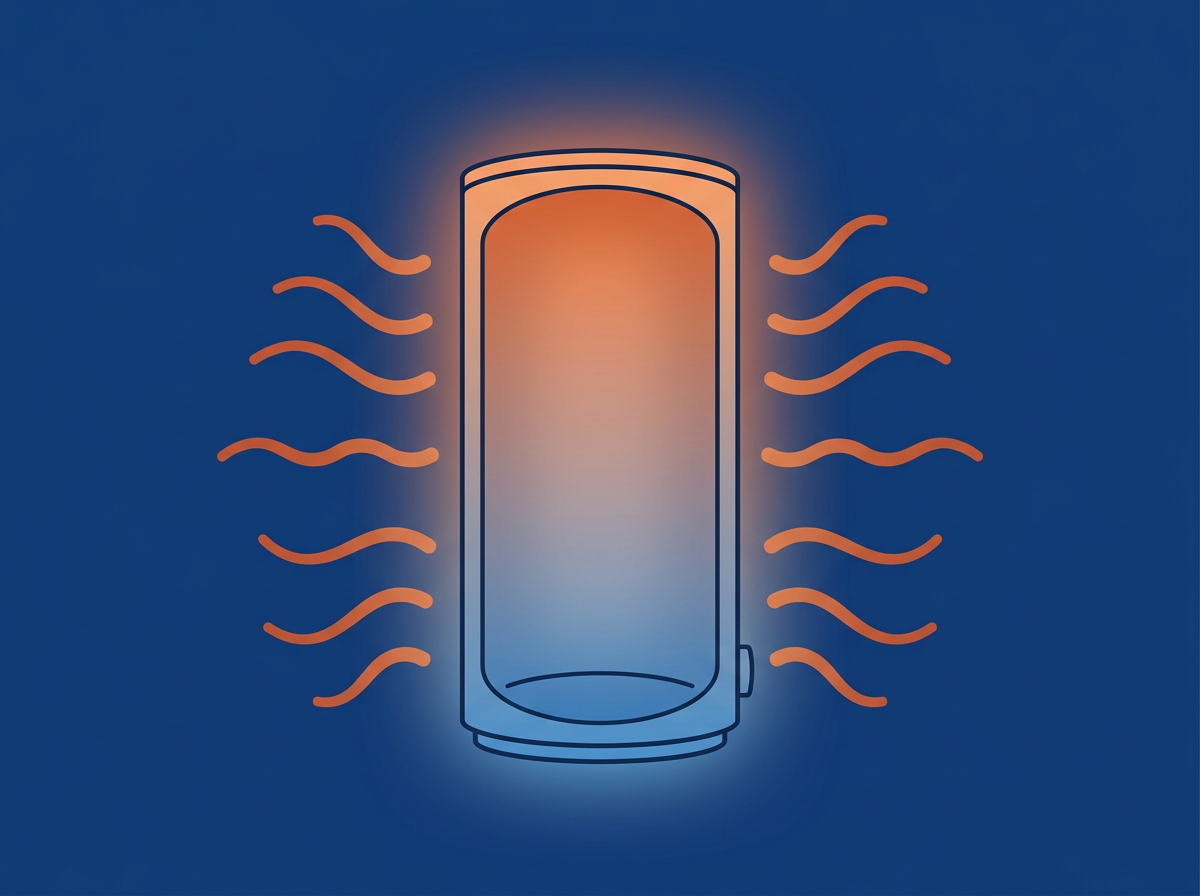 Diagram showing standby heat loss radiating from a hot water storage cylinder