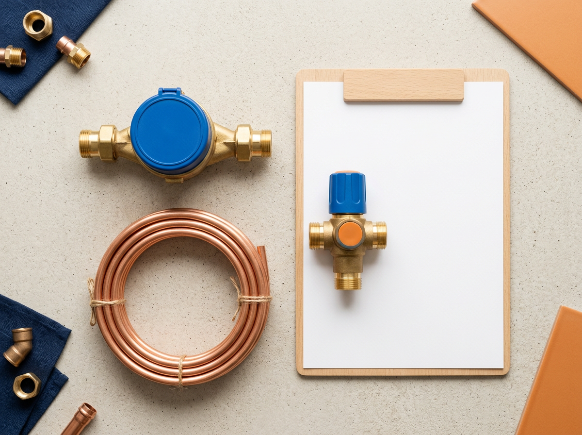 Water meter, copper pipe, tempering valve and inspection clipboard laid out for a pre-sale hot water compliance check