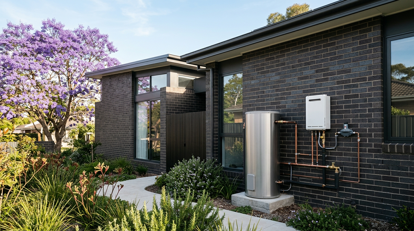 Sydney brick home in spring with an external hot water storage tank and continuous flow unit on the side wall