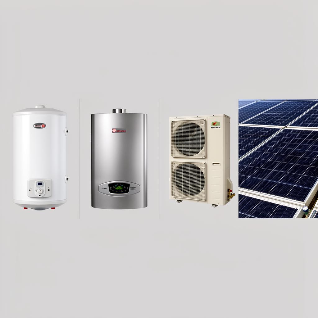 Four types of hot water systems compared: electric storage tank, gas instantaneous unit, heat pump, and solar panels
