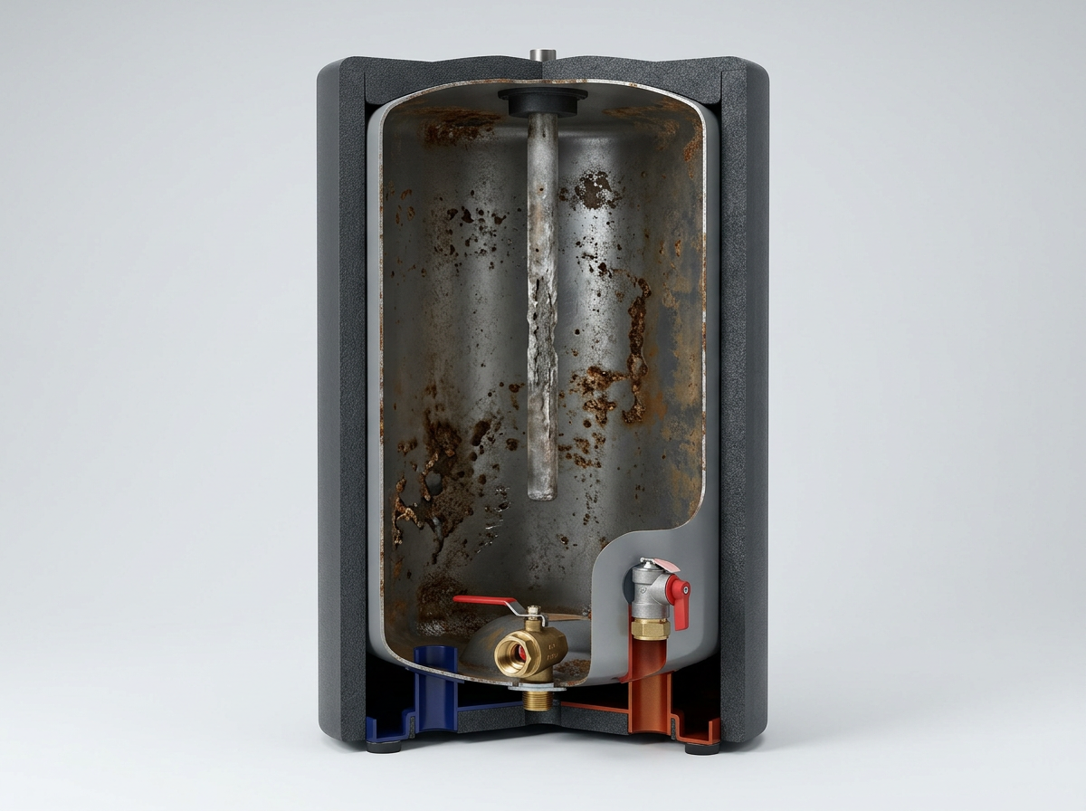 Cutaway hot water cylinder showing internal corrosion, spent anode rod and the drain valve where leaks start