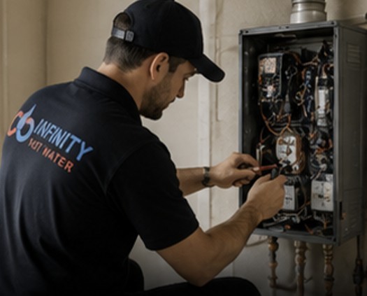 Professional technician repairing hot water system with diagnostic tools