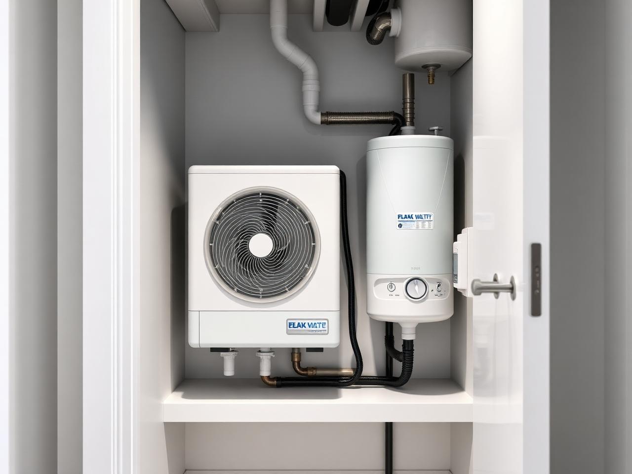 Compact heat pump hot water unit and slimline electric storage tank installed in a tight Sydney apartment laundry cupboard