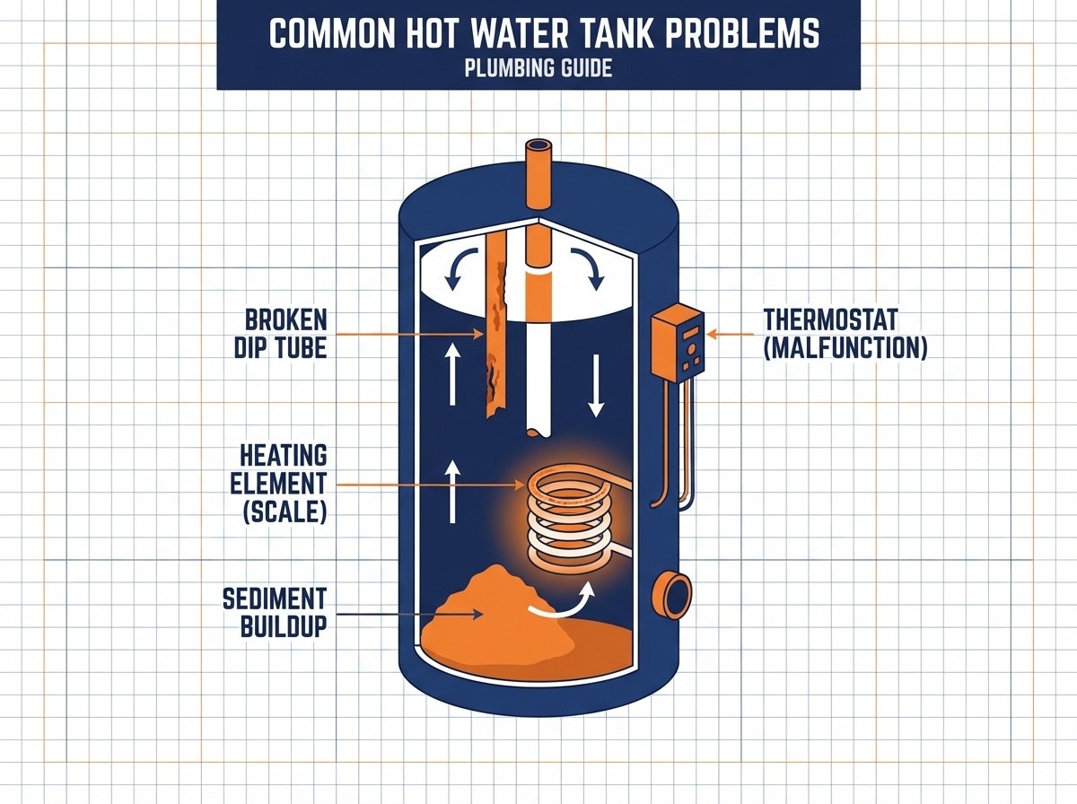 Hot water tank cutaway diagram showing sediment buildup, broken dip tube, heating element, and thermostat - common causes of hot water running out fast