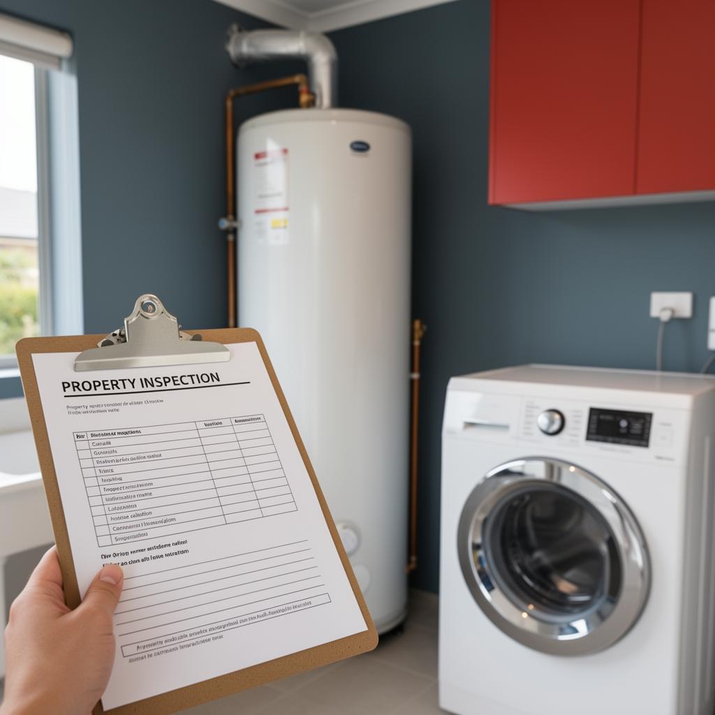 Property inspection checklist next to a hot water storage cylinder in an Australian rental property laundry room