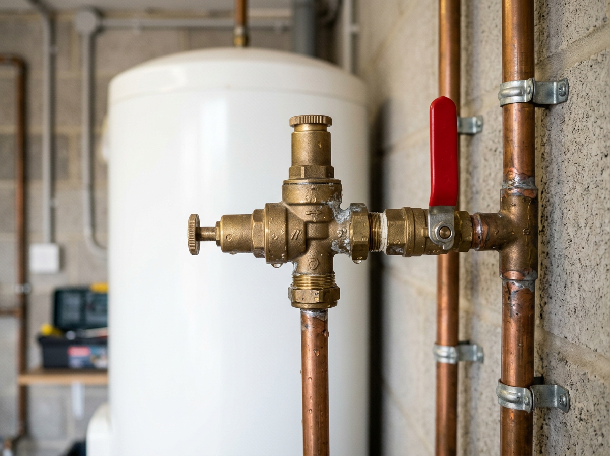 Brass pressure limiting valve and isolation valve assembly with calcium scale on copper pipework at the cold inlet of a Sydney domestic hot water cylinder