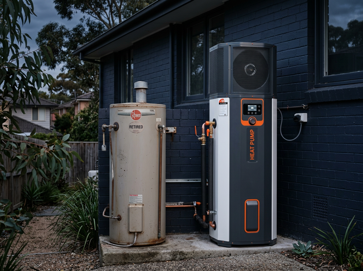 Gas hot water cylinder next to modern electric heat pump system on Sydney home