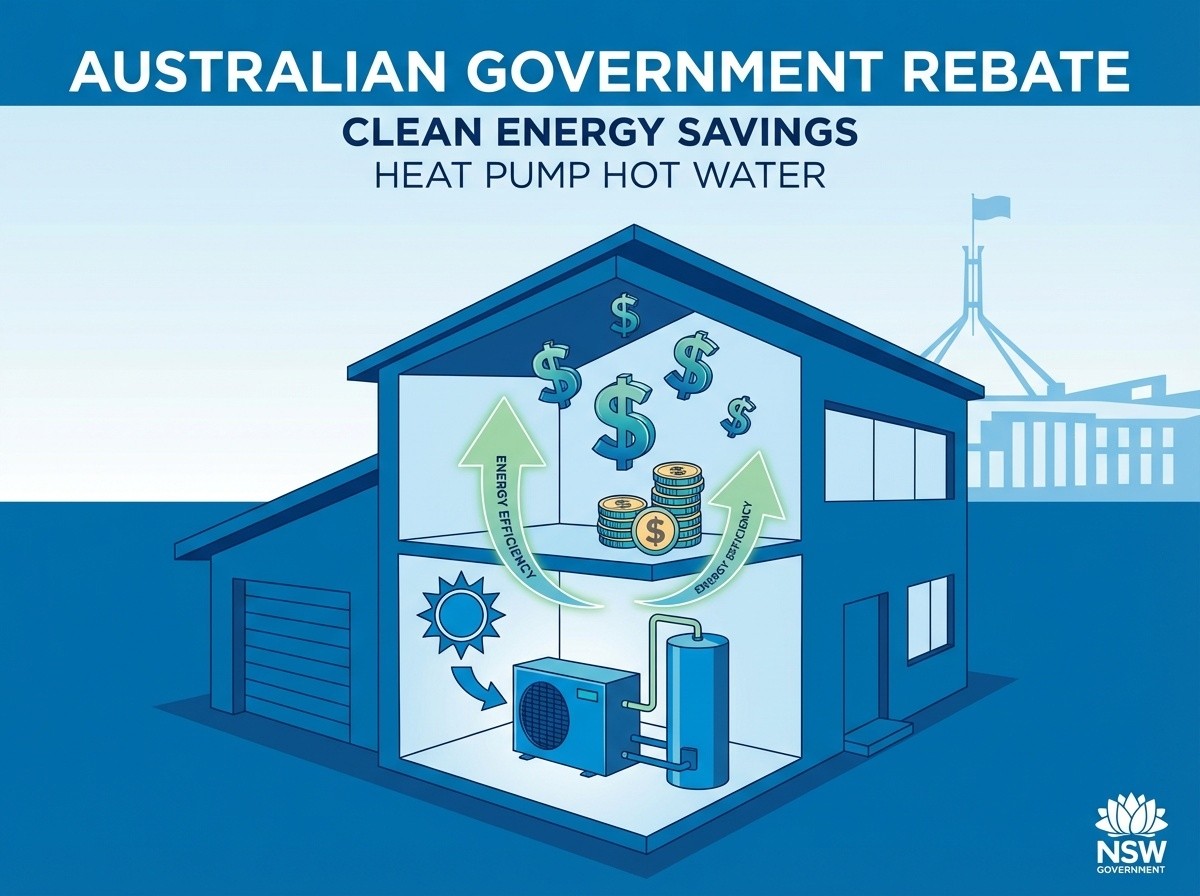 NSW government rebate savings illustration showing heat pump hot water system with Australian dollar symbols