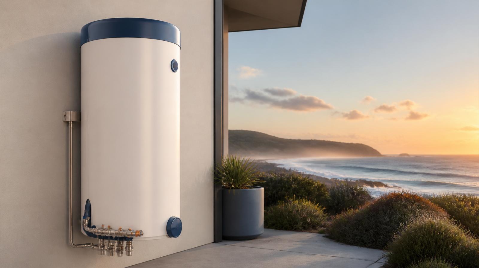 Coastal Central Coast home hot water storage tank installed on a rendered wall with the Pacific Ocean and salt spray in the background at sunset