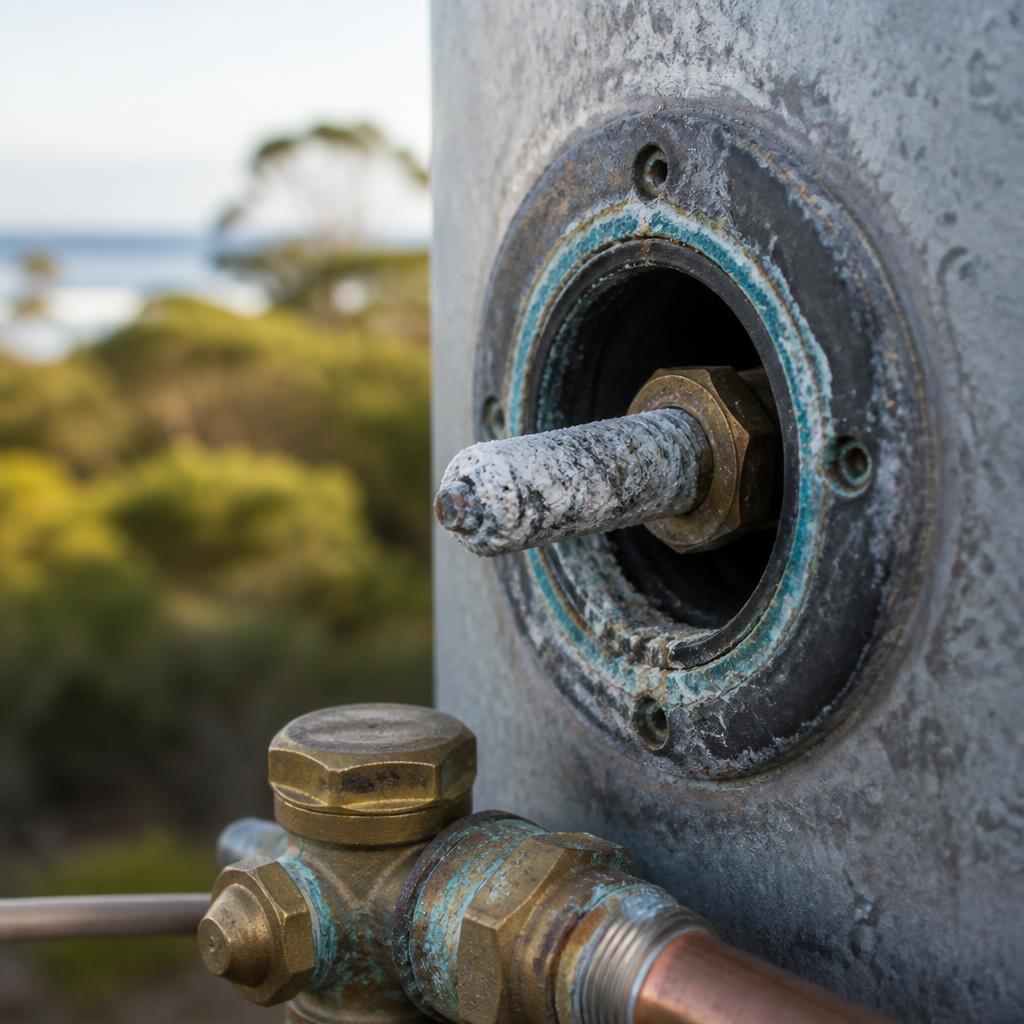 Close-up of a corroded anode inspection port and brass fittings on a salt-air-exposed hot water tank on the NSW Central Coast