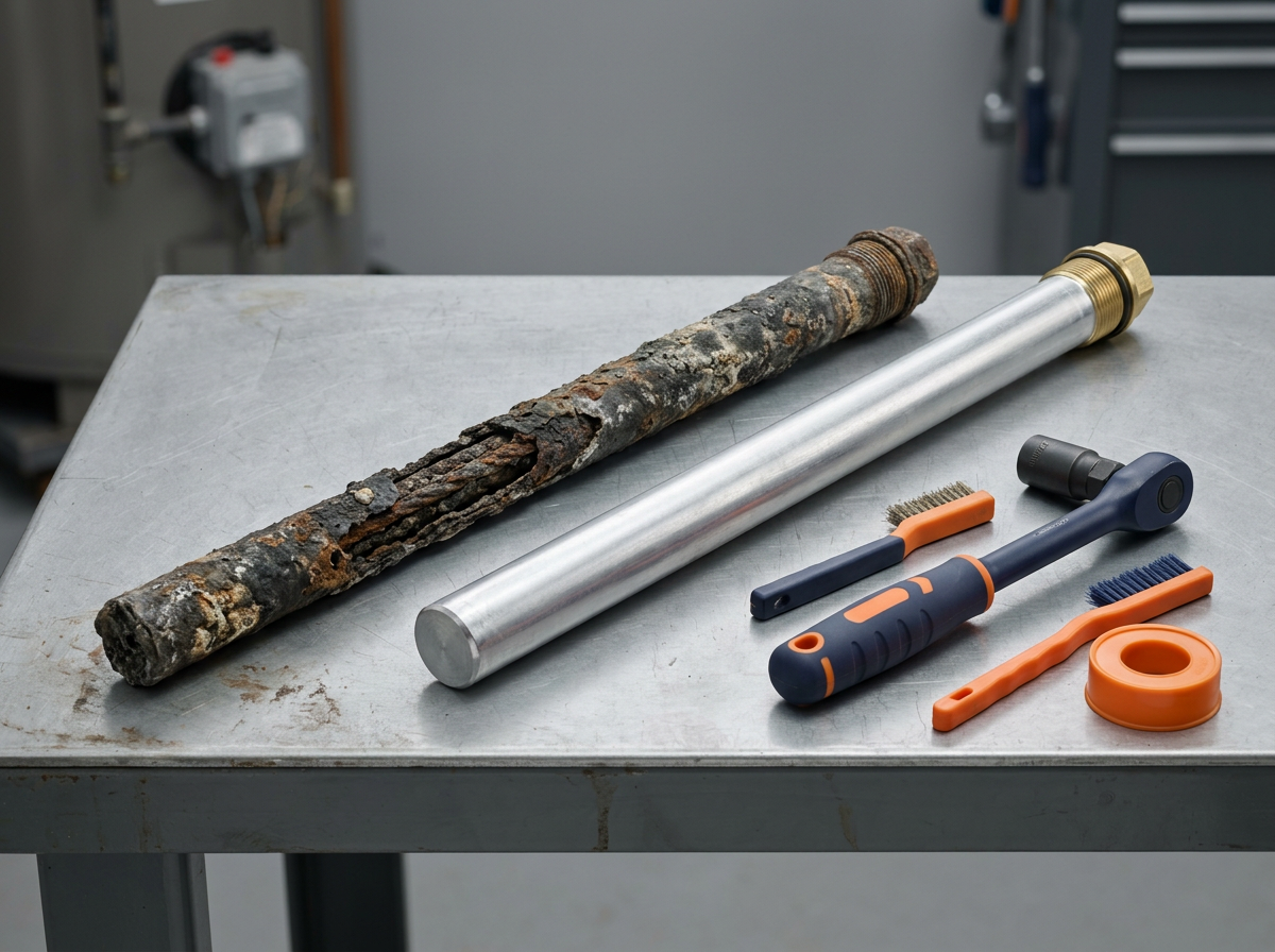 Corroded magnesium anode rod beside a new aluminium zinc anode rod removed from a Sydney hot water tank
