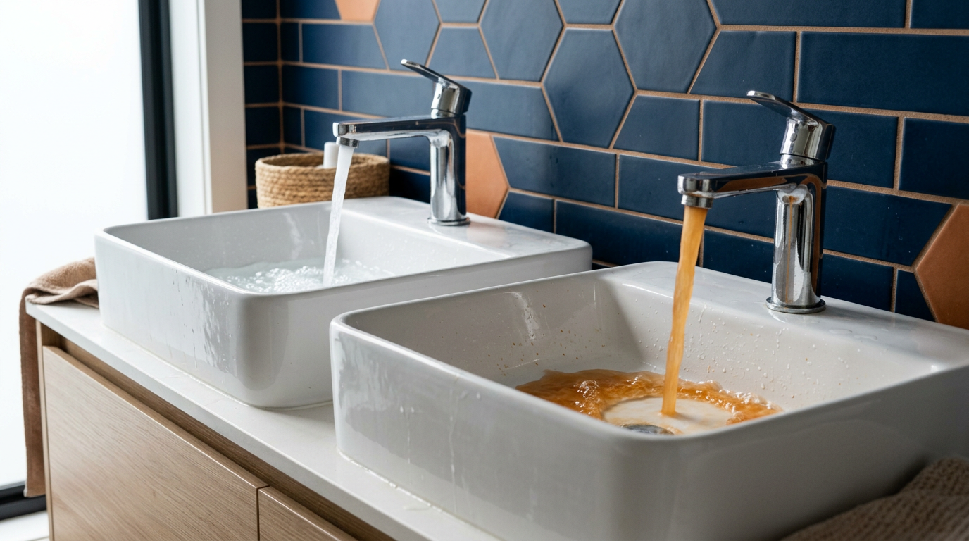 Clear water and rusty brown hot water running into two basins in a Sydney bathroom