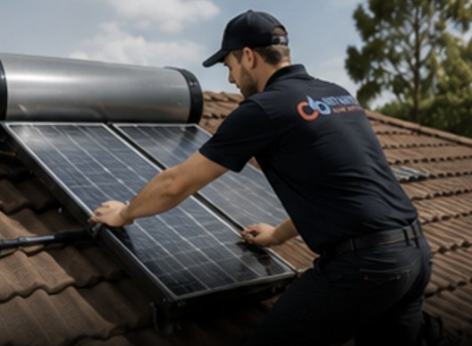 Professional solar hot water system installation on roof with solar collectors