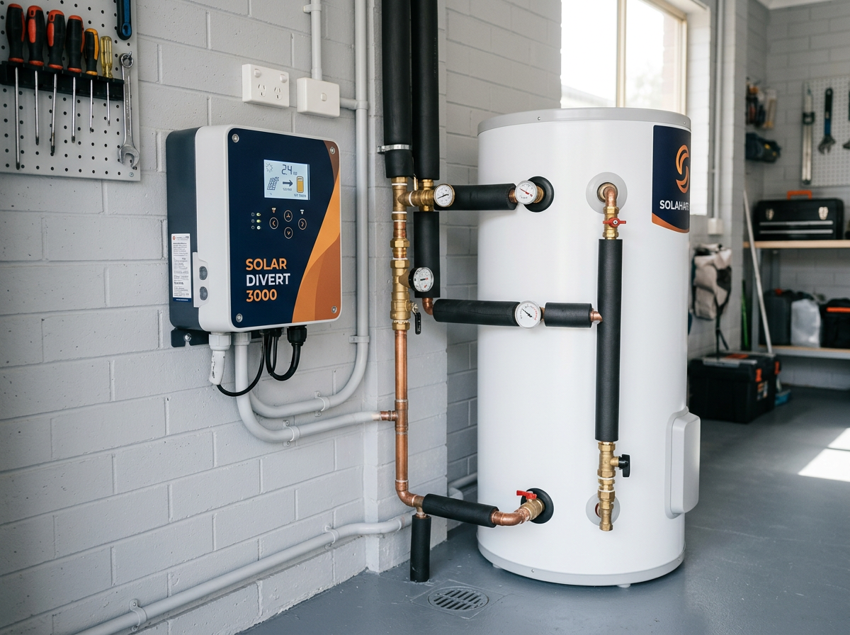 Wall mounted solar PV hot water diverter unit beside an electric storage tank in a Sydney garage with copper pipework and brass valves