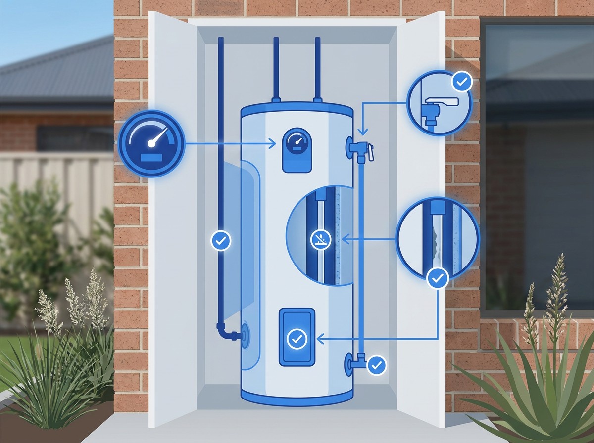 Hot water system maintenance checkpoints illustration showing key components to inspect
