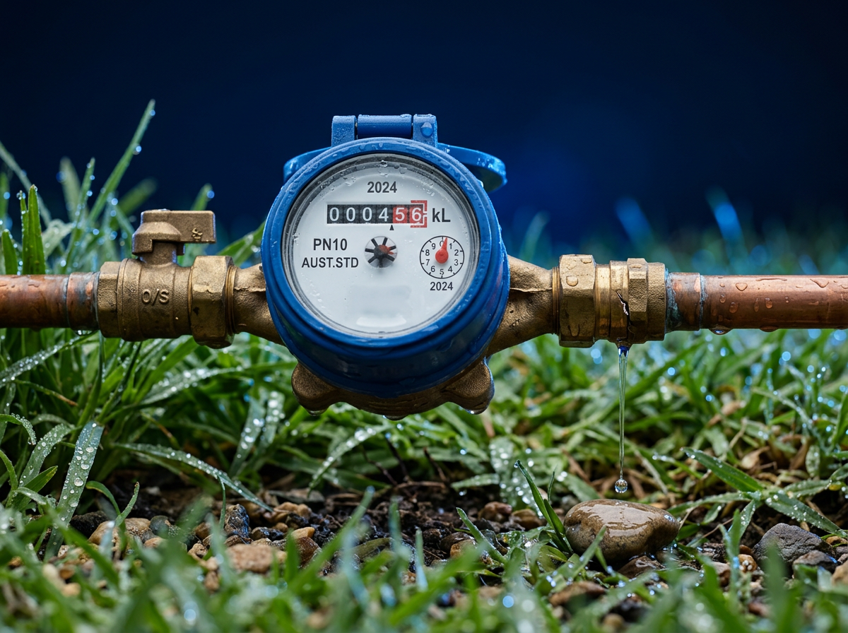 Sydney residential water meter at a property boundary with a slow drip from a copper hot water pipe joint indicating a hidden leak