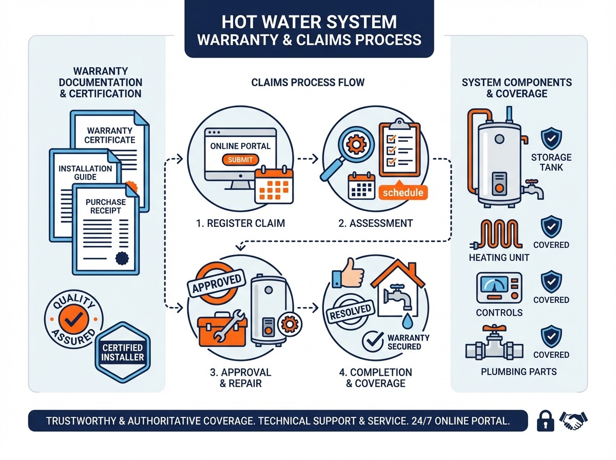 Hot water system warranty claims process diagram showing documentation, assessment, approval and completion steps