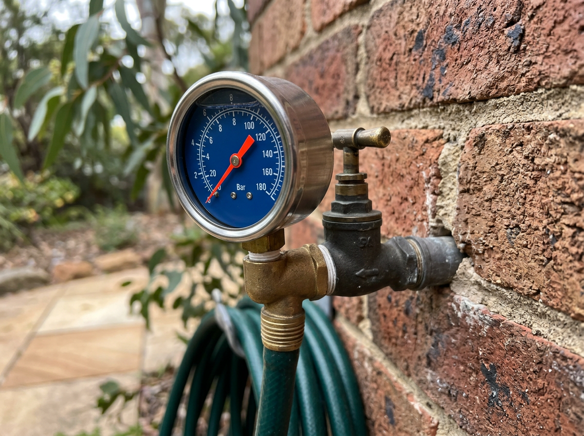 Water pressure test gauge fitted to a garden tap showing high mains pressure at a Sydney home