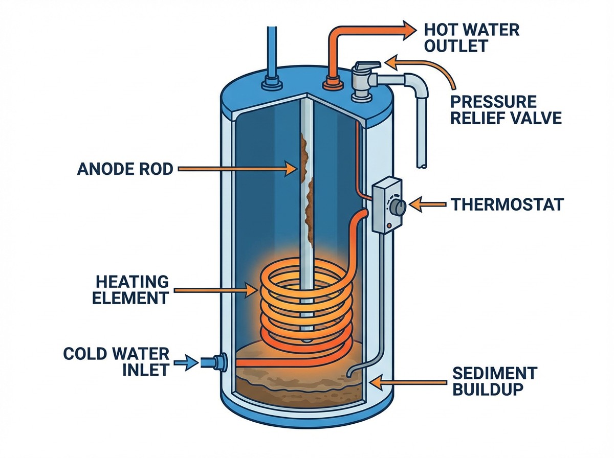 Hot water system internal components diagram showing anode rod, heating element, thermostat, pressure relief valve, cold water inlet, and sediment buildup